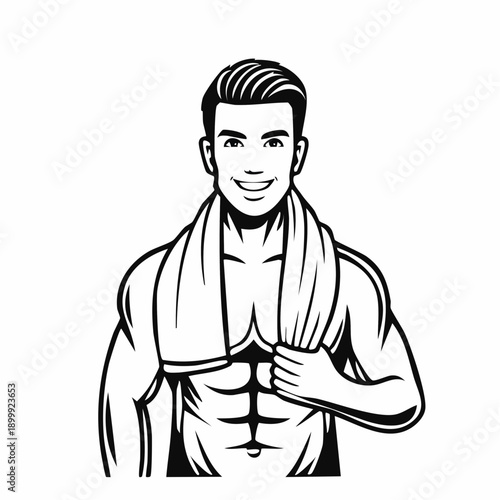 Athletic build man portrait, muscular torso with towel in hand, showcasing physique in studio setting against plain backdrop