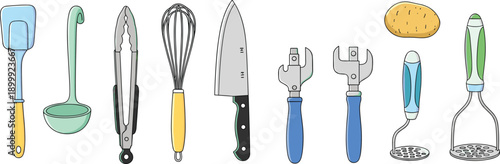 Kitchen utensils illustration collection with spatula ladle tongs whisk knife peeler masher flat cartoon vector cooking tools set