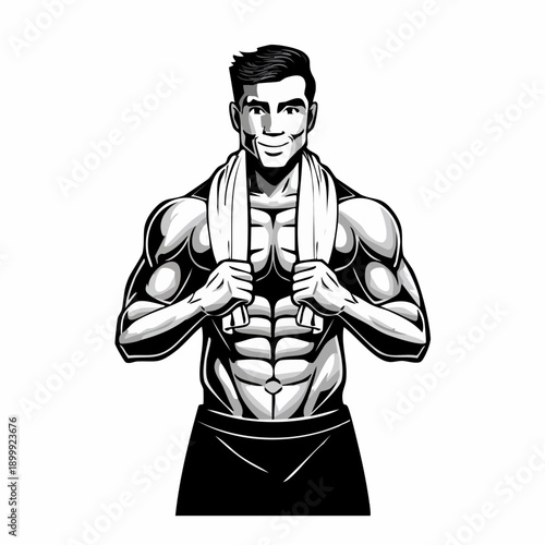Athletic build man portrait, muscular torso with towel in hand, showcasing physique in studio setting against plain backdrop
