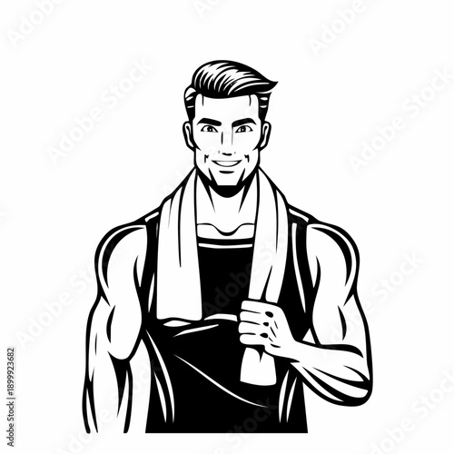 Athletic build man portrait, muscular torso with towel in hand, showcasing physique in studio setting against plain backdrop