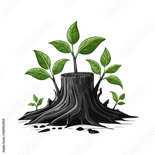 Small green sprouts emerge from the burned wood, showcasing resilient new life in nature after destruction in a close up view.