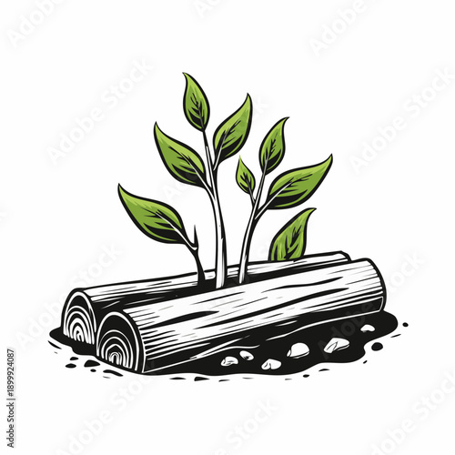 Small green sprouts emerge from the burned wood, showcasing resilient new life in nature after destruction in a close up view.