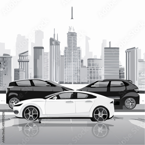 Luxury automobiles showroom features a variety of high end models, displaying a fleet of black vehicles and a white coupe against a modern city view.