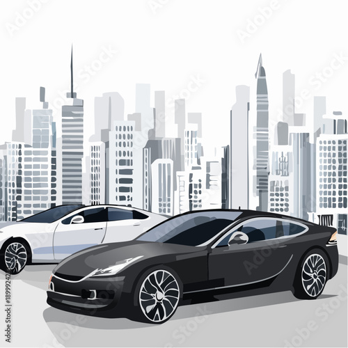 Luxury automobiles showroom features a variety of high end models, displaying a fleet of black vehicles and a white coupe against a modern city view.
