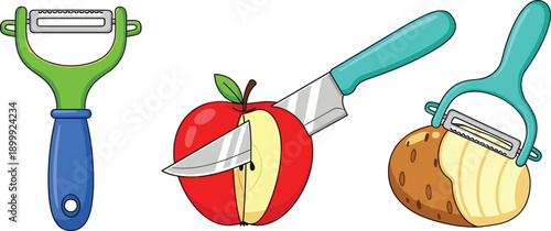 Kitchen vegetable peeler tools with knife slicing apple potato illustration isolated white background cooking food prep vector flat design graphic