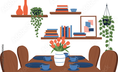 Modern dining room illustration with wooden table chairs shelves books hanging plants flowers tableware cozy home interior vector decor