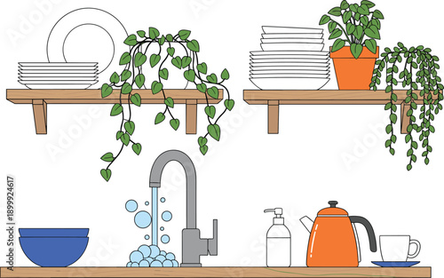Modern kitchen sink illustration with shelves plates plants faucet dishes kettle cup minimalist home interior cartoon vector design set