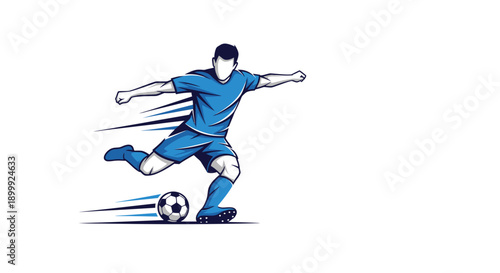 Dynamic illustration of a soccer player in action, kicking a football with speed.