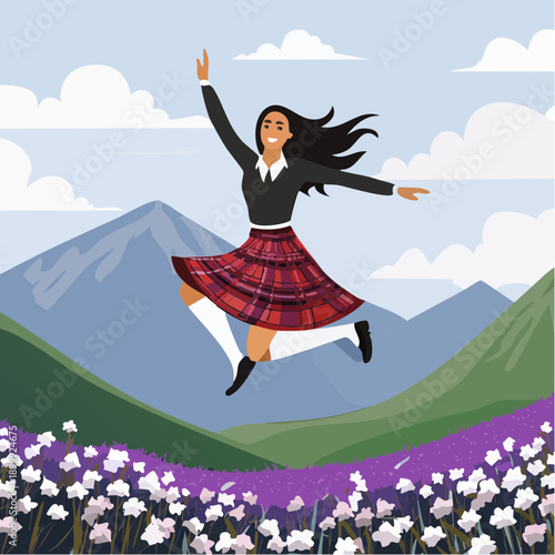 A woman in a kilt leaping over vibrant purple wildflowers on a hillside with majestic mountain ranges under a cloudy sky, expressing freedom and joy.