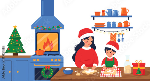 Mother and child baking Christmas cookies in festive kitchen illustration family holiday cooking bonding flat vector design cozy winter scene