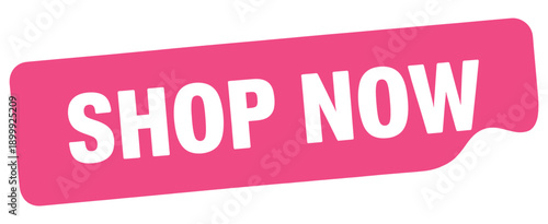 Bright pink speech bubble with bold white text saying shop now