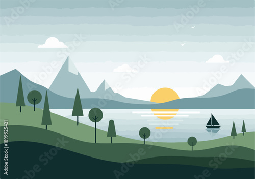 Minimalist vector landscape with mountains, lake, sailboat, trees, and sunrise.