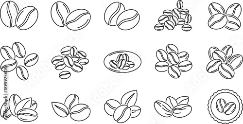 Hand drawn coffee bean set with roasted espresso seed clusters and sketch style beverage ingredient vector illustrations isolated