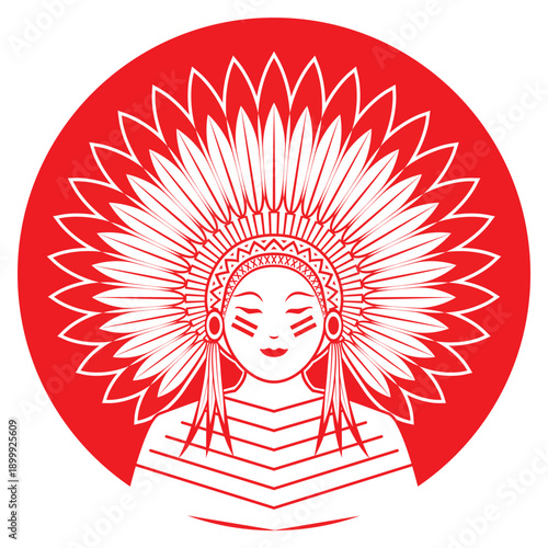 Line art illustration vector of beautiful lady dress in native American Indian with War feather bonnet drawing in red and white