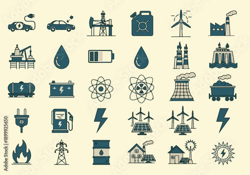 Energy and Power Industry Icons Set, Renewable and Fossil Fuels