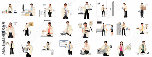 Comprehensive set of illustrations detailing the diverse tasks, customer service, and administrative operations performed by professional reception staff.