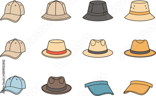 Flat vector hats set featuring caps bucket hats fedora and visors casual fashion headwear collection