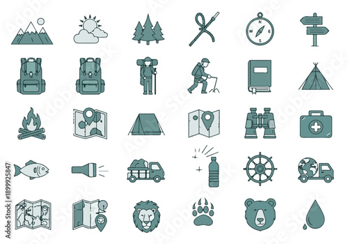 Set of linear icons for camping, hiking, and nature adventure activities