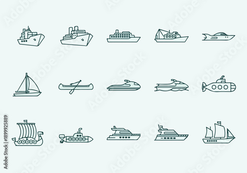 Set of water transport vehicles line art icons: boats, ships, and submarines