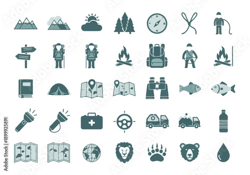 Collection of outdoor adventure, camping, hiking, and travel activity icons
