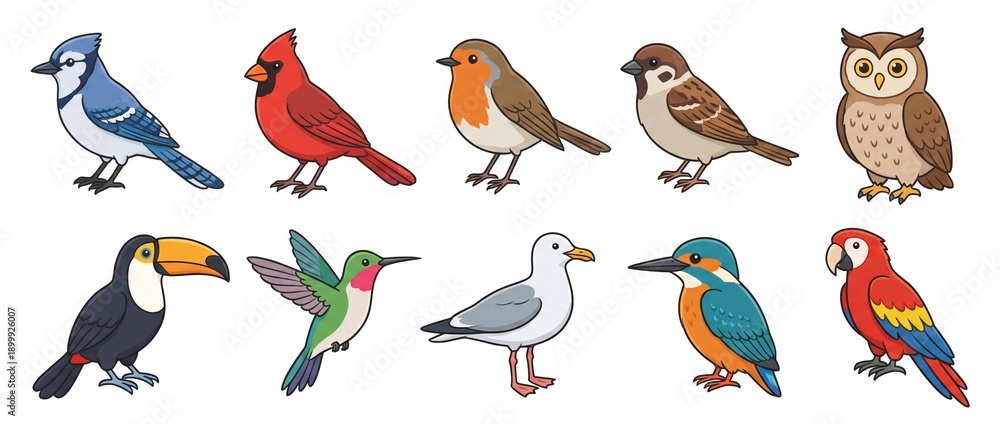 Fototapeta premium Set of cute cartoon bird characters isolated on white background. Colorful vector collection featuring blue jay, northern cardinal, robin, sparrow, owl, toucan, hummingbird, seagull, kingfisher, and s