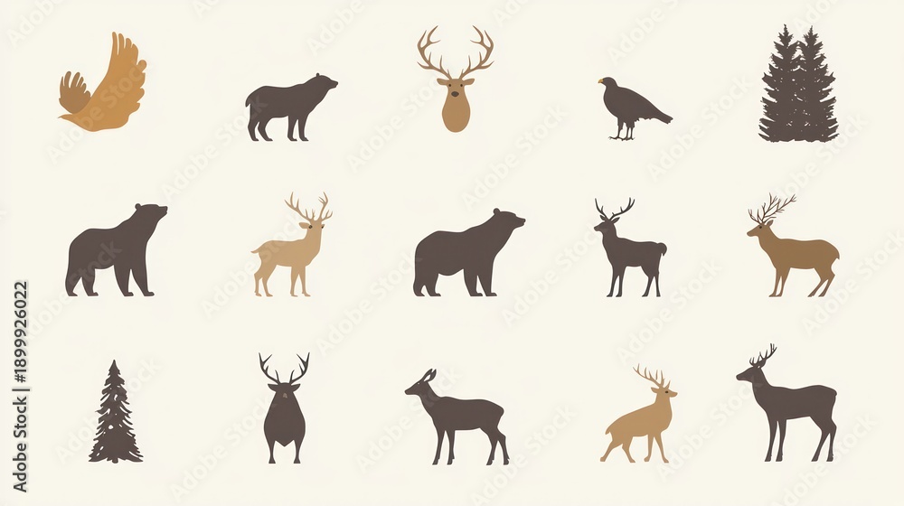 Obraz premium Simple wilderness icons of animals such as a bear, deer, and eagle.
