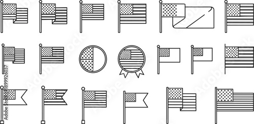 United States flag outline icon set with waving banners badges and patriotic symbols line vector illustrations isolated