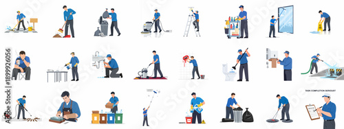 Comprehensive set of cleaning, maintenance, and facility management services tasks performed by professional janitors and service workers.