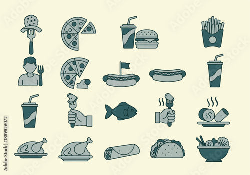 Collection of diverse food and fast food flat design icons