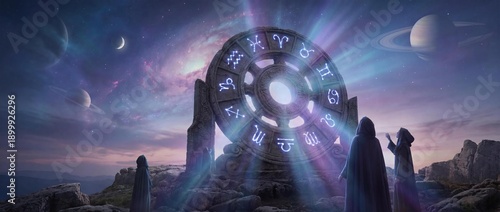 Panel kuchenny z motywem Mystical Zodiac Wheel Monument on a Rocky Mountain at Night. Ancient Astrological Circle with Glowing Symbols under a Deep Space Sky with Planets, Nebula and Silhouettes of People. Panoramic Banner fo