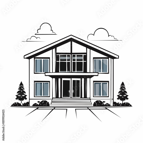 Modern cubic style home featuring white exterior walls, large windows, cantilevered roof and front yard landscaping on a sunny day.