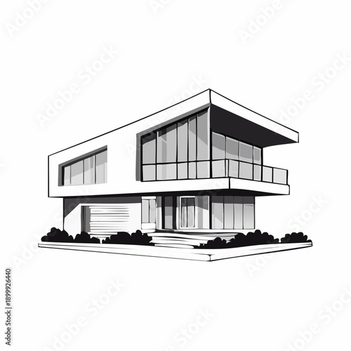 Modern cubic style home featuring white exterior walls, large windows, cantilevered roof and front yard landscaping on a sunny day.