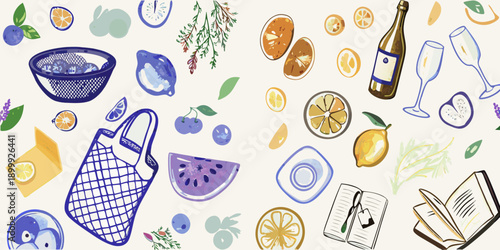 A colorful illustration of a summer picnic with fruit wine and books
