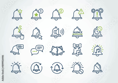 Notification Bell Line Icon Set for Alerts, Alarms, and Reminders