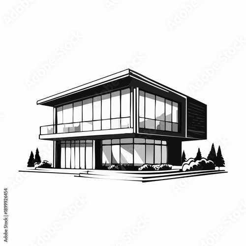 Modern cubic style home featuring white exterior walls, large windows, cantilevered roof and front yard landscaping on a sunny day.