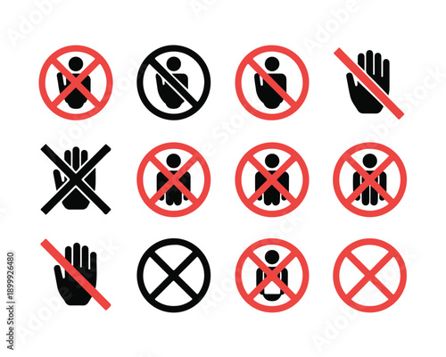 Set of vector illustration forbidden signs with red crossed circle and black silhouette of a person or hand isolated on a white background