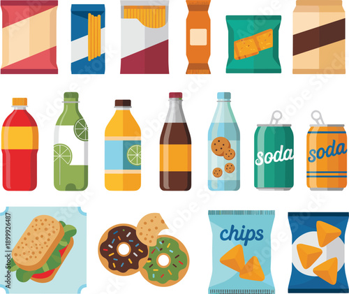 Snack and beverage vector illustration set featuring packaged chips soda bottles donuts sandwiches and fast food items for vending machines