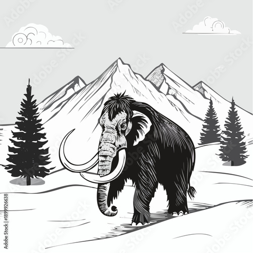 Woolly mammoth walks in a snowy, mountainous prehistoric landscape under a blue sky, with snow covered peaks and pine trees.