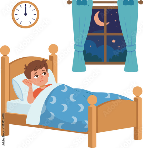 Worried boy lying awake in bed at night, insomnia, sleepless child, night anxiety, bedtime fear, nighttime worry, restless sleep