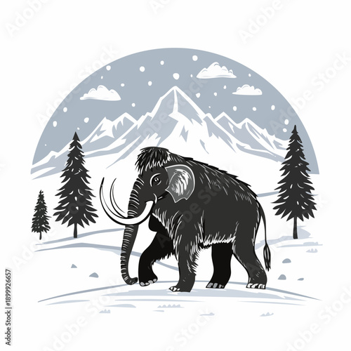 Woolly mammoth walks in a snowy, mountainous prehistoric landscape under a blue sky, with snow covered peaks and pine trees.