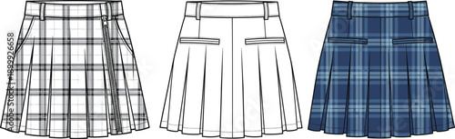 Pleated skirt fashion flats set showing plaid pattern and plain design front views women apparel technical vector illustration
