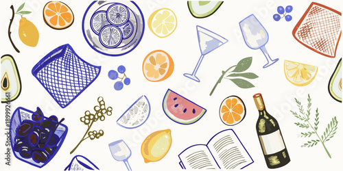 Colorful illustration of citrus fruits cocktails wine and summer elements