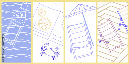 A collection of summer themed line drawings in vertical panels