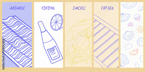 Colorful illustrated bookmarks with wave citrus and seashell motifs