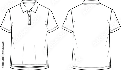 Men’s polo shirt technical flat sketch showing front and back views casual short sleeve apparel line art vector template