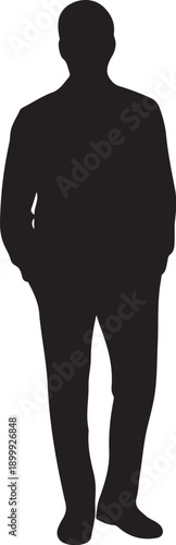 Black silhouette of a man in a suit with hands in pockets
