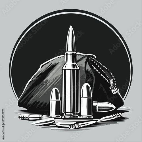 Close-up tactical ammunition set on dark background featuring bullets, shells, and green canvas bags for army and combat concept
