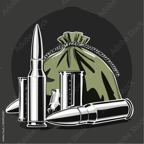 Close-up tactical ammunition set on dark background featuring bullets, shells, and green canvas bags for army and combat concept