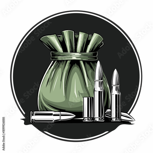 Close-up tactical ammunition set on dark background featuring bullets, shells, and green canvas bags for army and combat concept