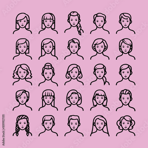 Female Hairstyle Diversity Icons Set on White Background Vector Collection